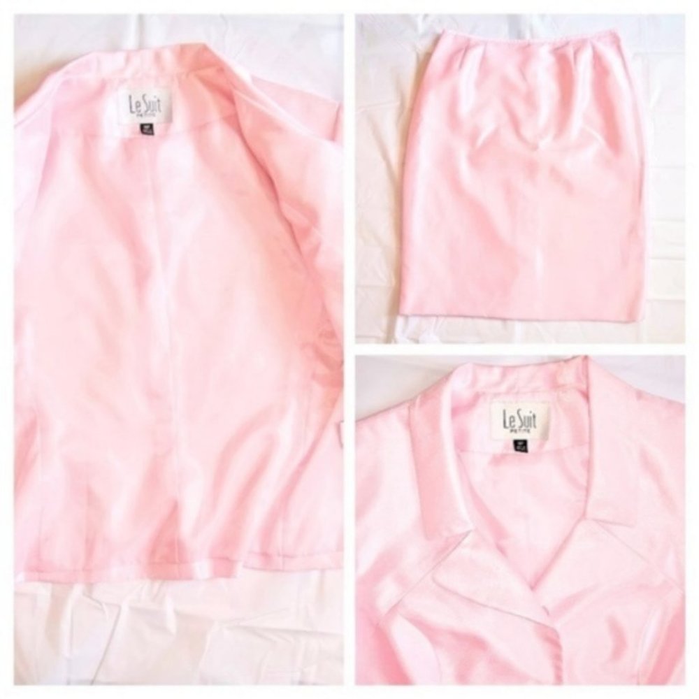 NWT Le Suit Satin Pink Blazer Skirt Set 16 P - Picture 4 of 8